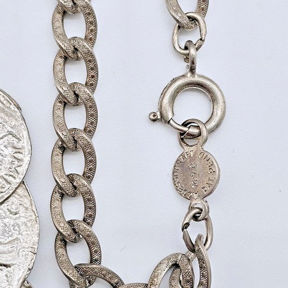 Accessocraft NYC Coin Necklace Vtg Old World Roman Textured Links Dangle Charm - Picture 6 of 11
